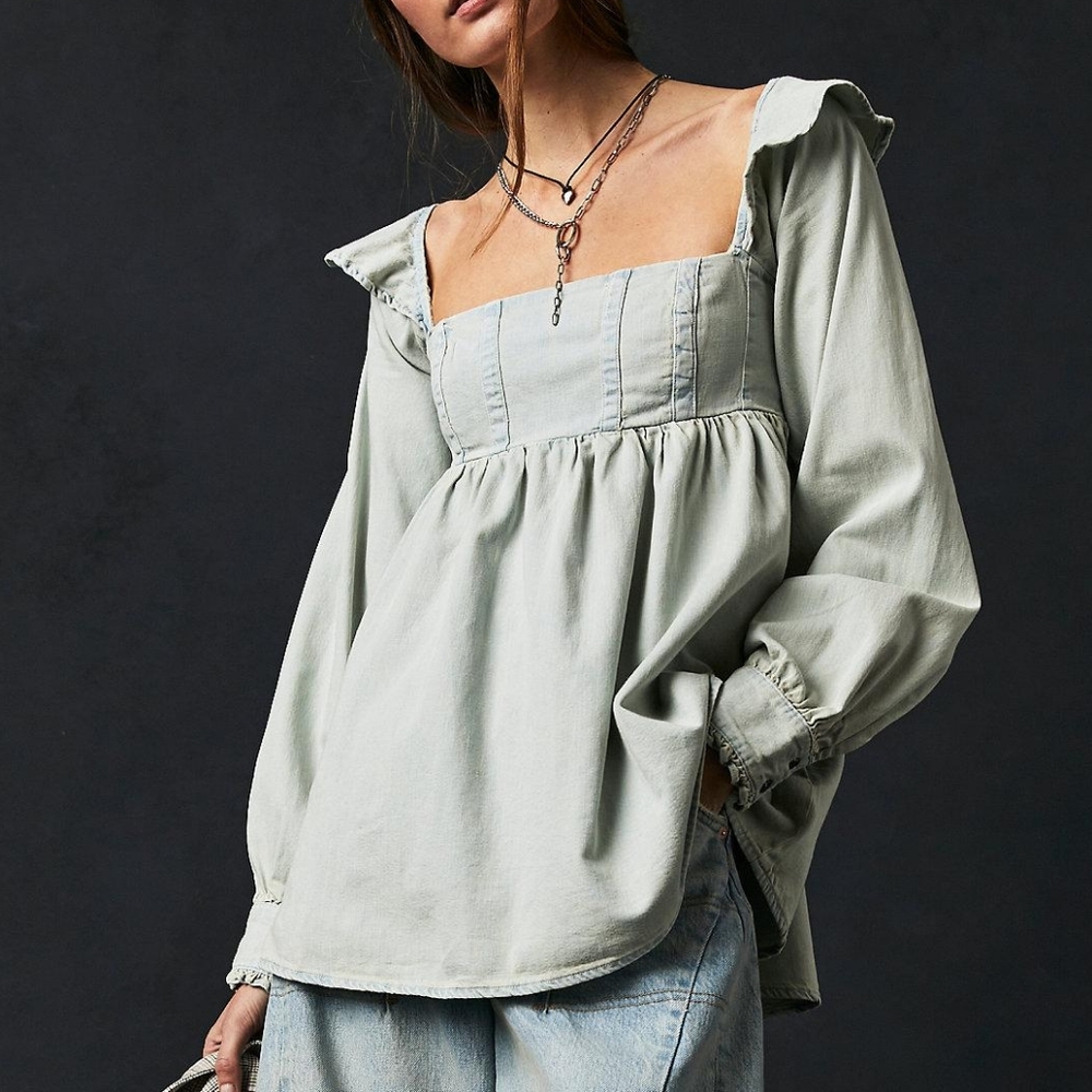 Free People Sage Green Square-Neck Peasant Tunic